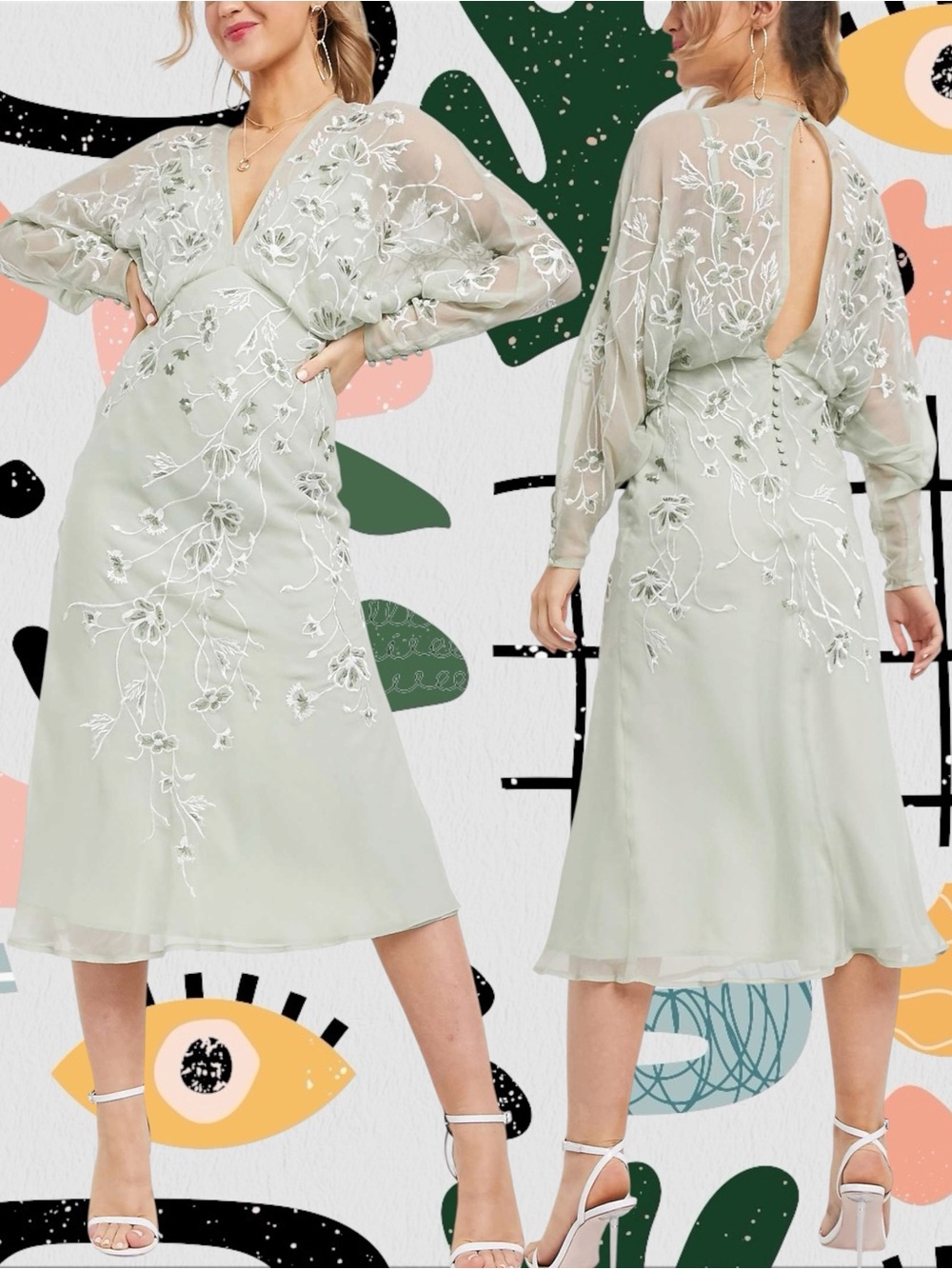 NWOT✨ | ASOS Design | Mint Green Floral Embroidered Batwing Sleeve Midi Dress